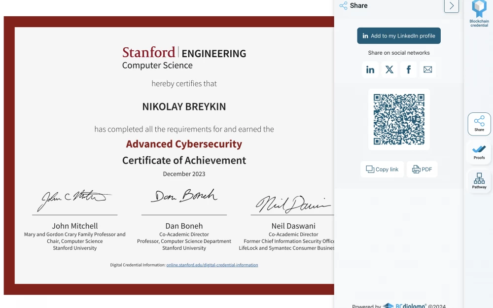 
Training at Stanford Online: Advanced Cybersecurity