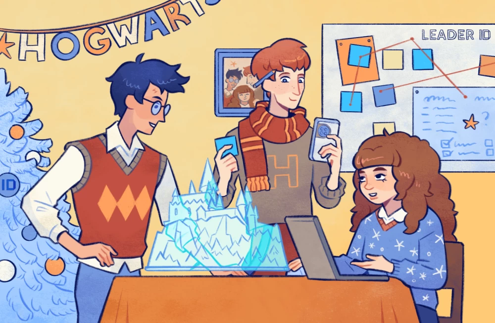 Hustler Harry, hacker Hermione, and hipster Ron are working on their startup in a magical office surrounded by magical artifacts and computers.