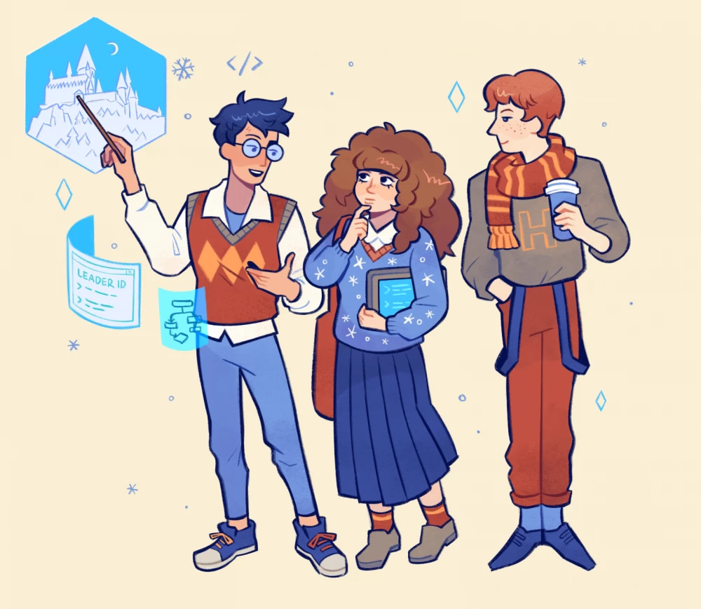 The three wizard friends demonstrate their innovative product at a presentation, attracting the attention of investors and the magical community.