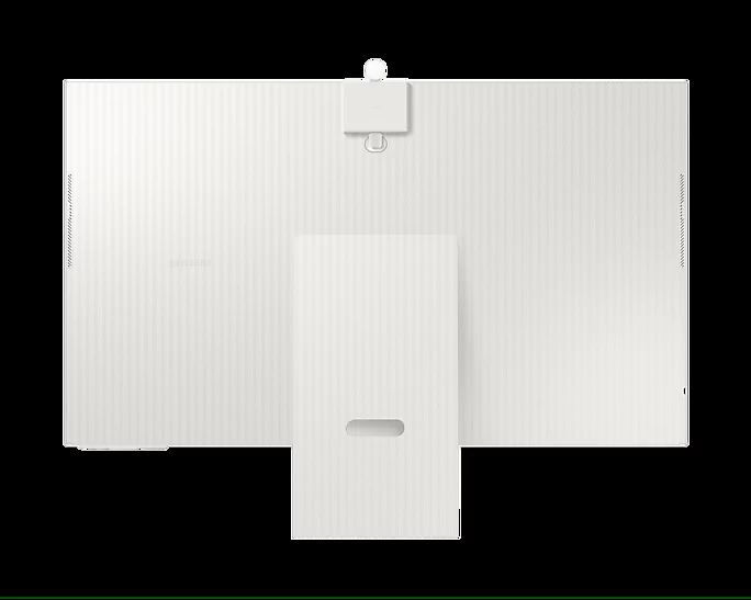 Samsung Smart Monitor M8 on a desk with a keyboard and mouse.