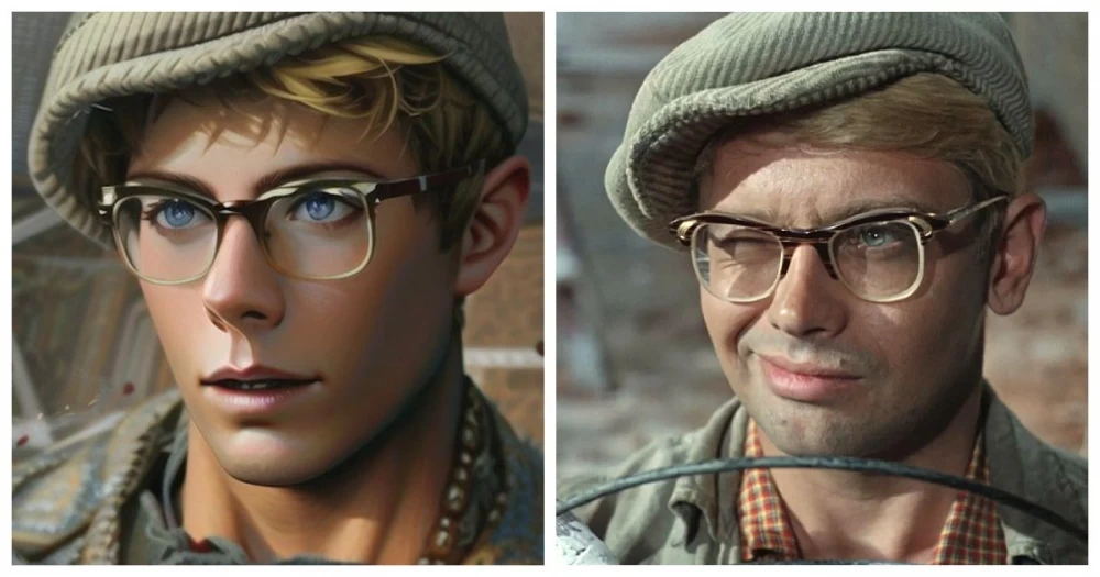 Example of a single movie frame reworked by a neural network. As we can see, there is a distortion in the form of an open left eye