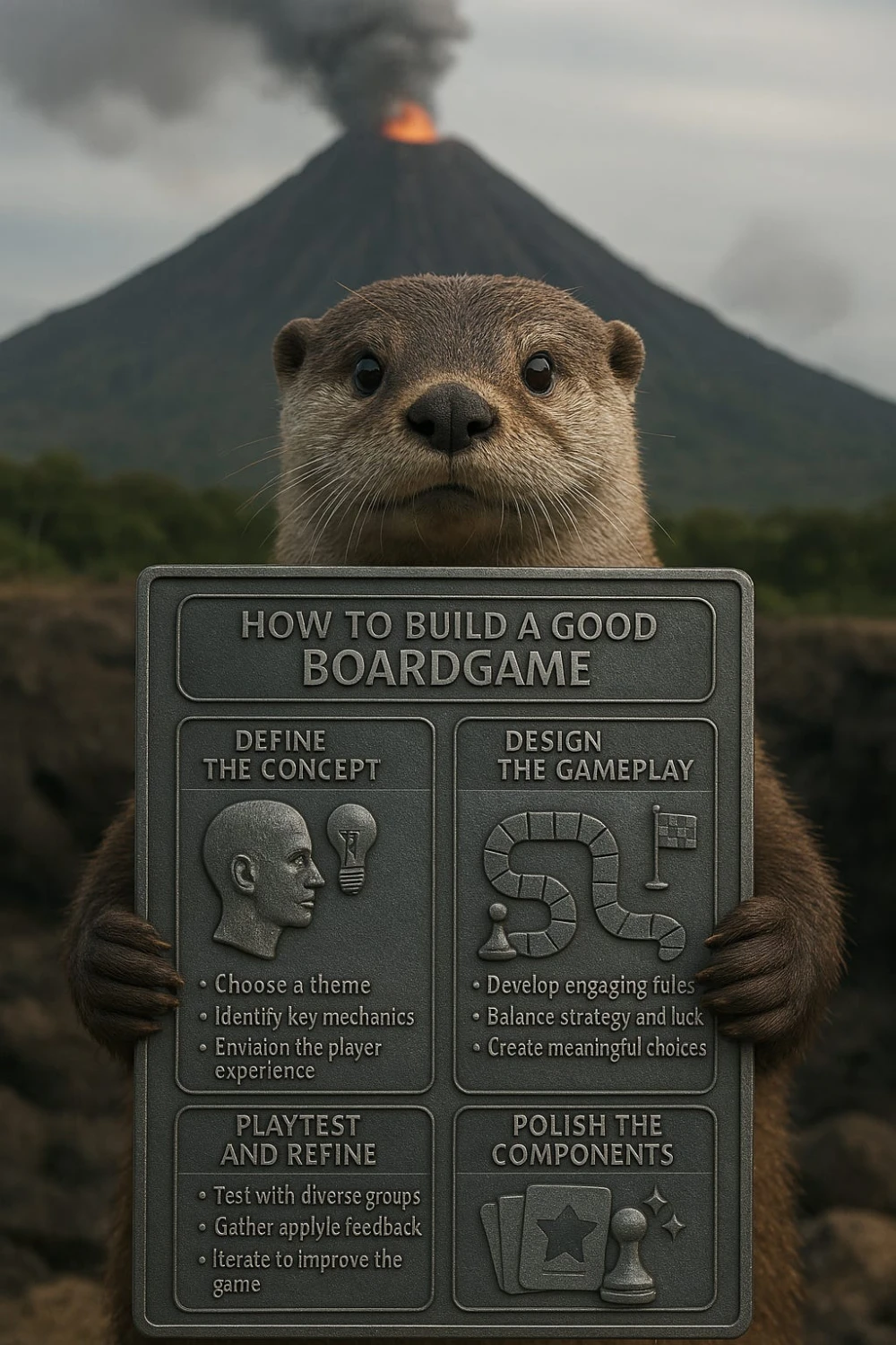 Otter with the metal plaque infographic in front of the volcano