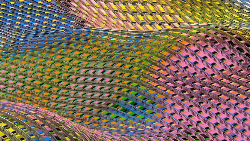 Image of a microchip with integrated circuits and elements symbolizing artificial intelligence.