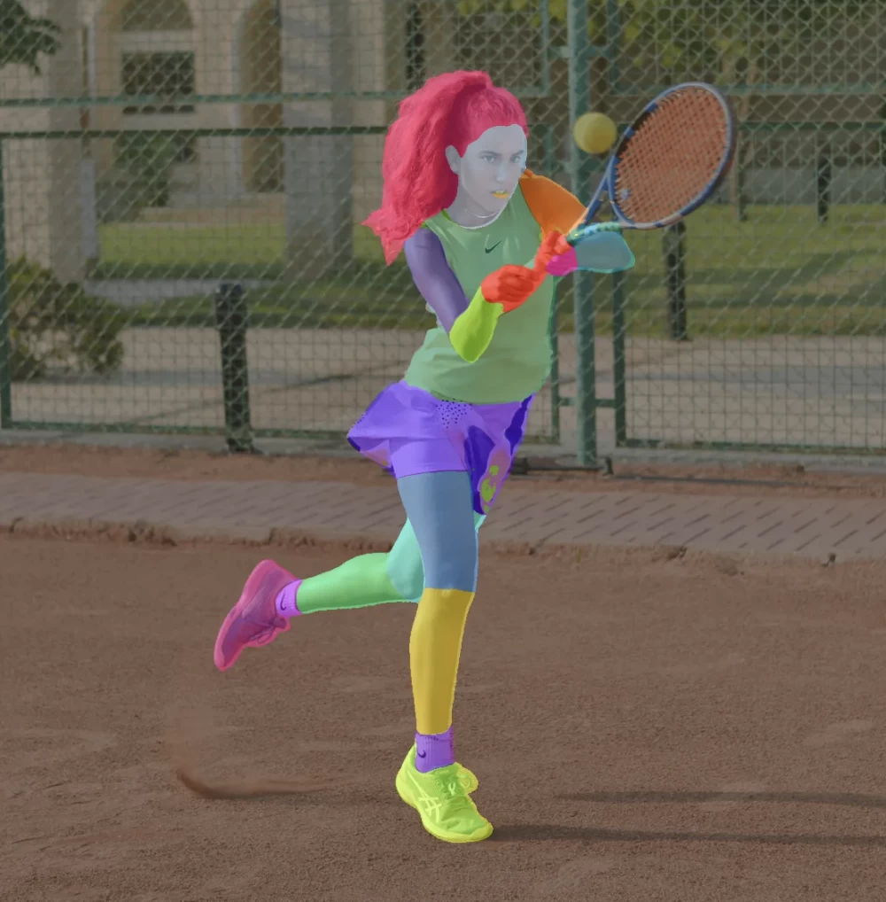 Human parsing - segmentation of body parts, it is not very clear which body part the racket belongs to, but these are minor details