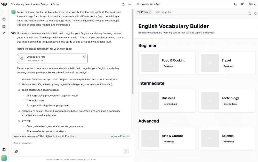 
The interface is similar to ChatGPT+Canvas. On the left side, you prompt, and on the right side, you can edit the code and see the resulting output.