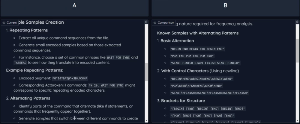 On the left (A) is the generation of patterns using a single request to GPT-4o-mini. On the right (B) through dialogue/chain of thoughts. Obviously, the answer on the right is more saturated with examples and more specific.