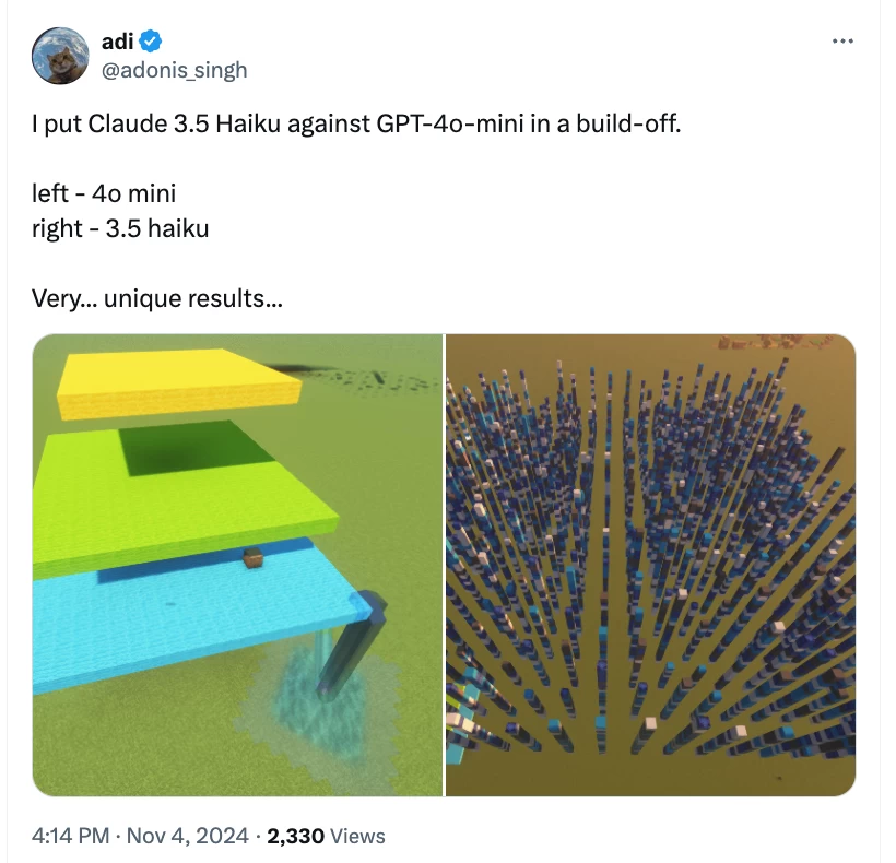 

A screenshot from Minecraft where AI builds complex structures, showing its problem-solving ability and creativity.
