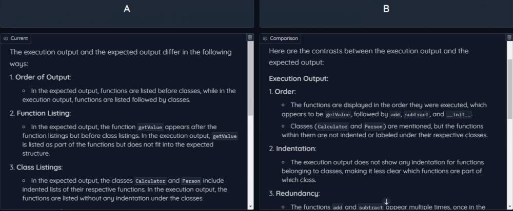 On the left (A) is the generation of patterns using a single request to GPT-4o-mini. On the right (B) through dialogue/chain of thoughts. In both cases, the problem with the output order is noted. However, the response on the left is significantly richer in details.