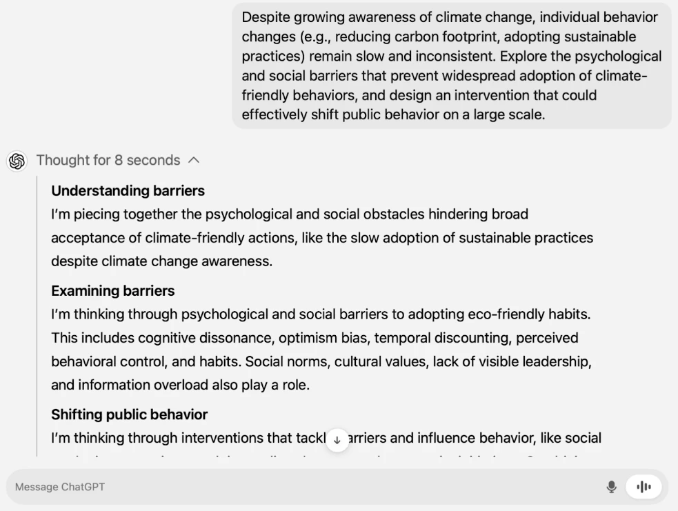 This is what a conversation with ChatGPT o1-preview looks like. The user's request triggers a whole chain of actions in which data is synthesized by the model. It is not known whether all data is displayed. In the end, all reflections are hidden, and the user receives a composed answer.
