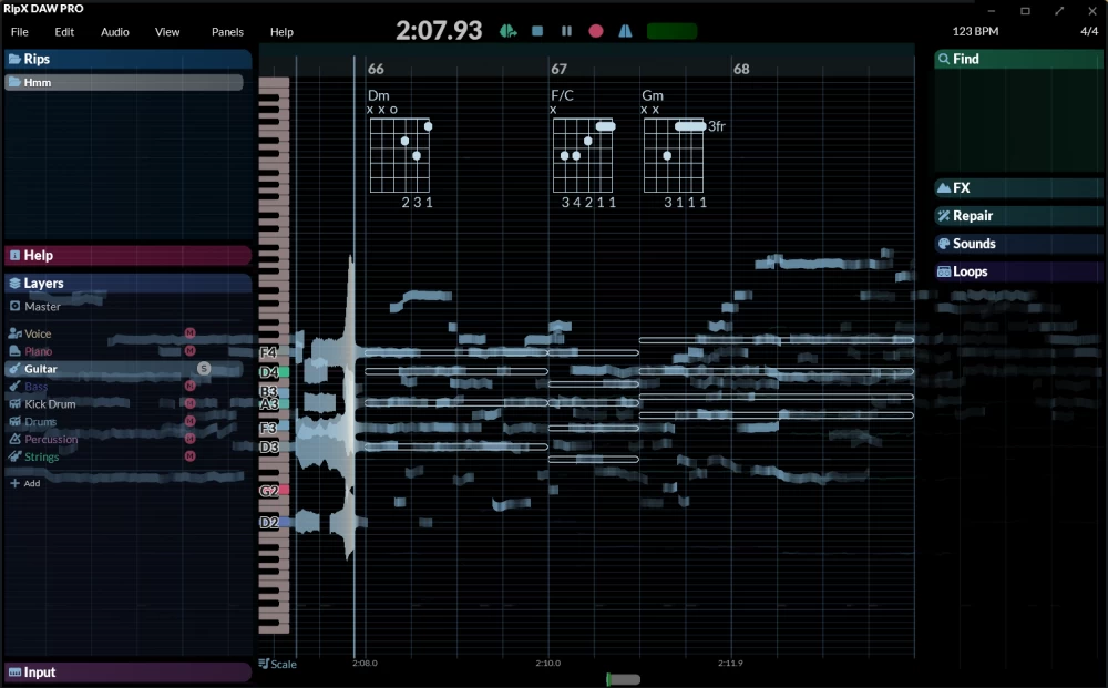 The interface of RipX 7.5.0, in which the song recognized was generated in Suno. The program shows the notes of individual instruments and also calculates the chords
