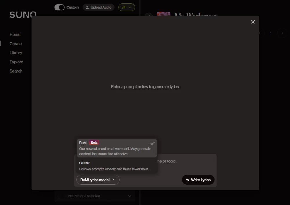 The generator window, where the new ReMi model is selected. The hint warns that the generated text may contain profanity