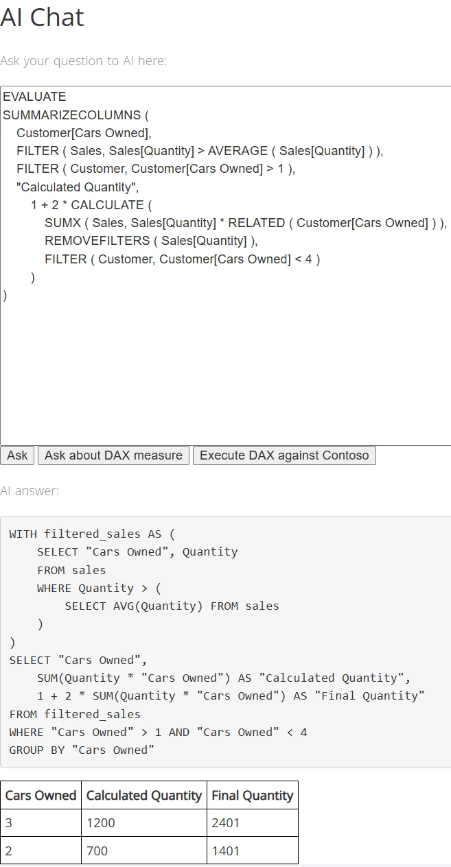 

Example of executing a DAX query in the AI DAX engine based on PostgreSQL
