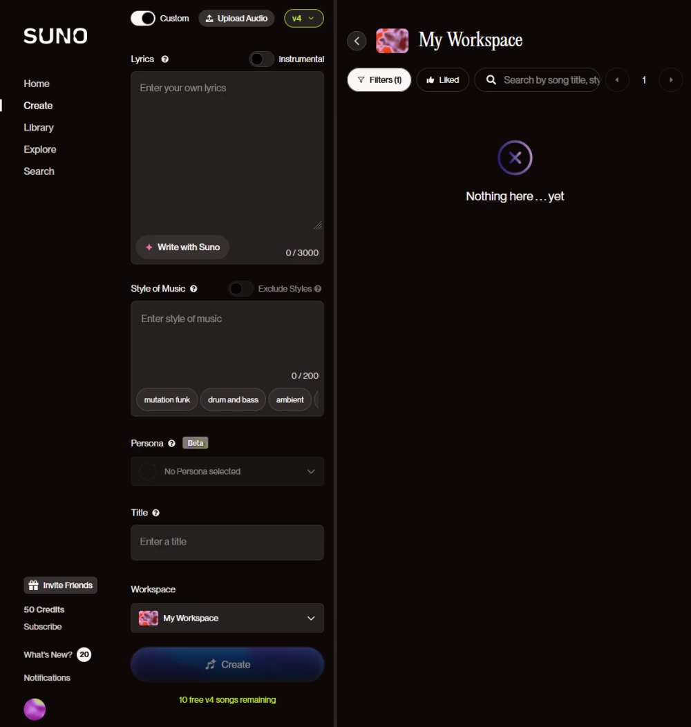 The Suno interface with the selected model 4.0 and extended mode enabled