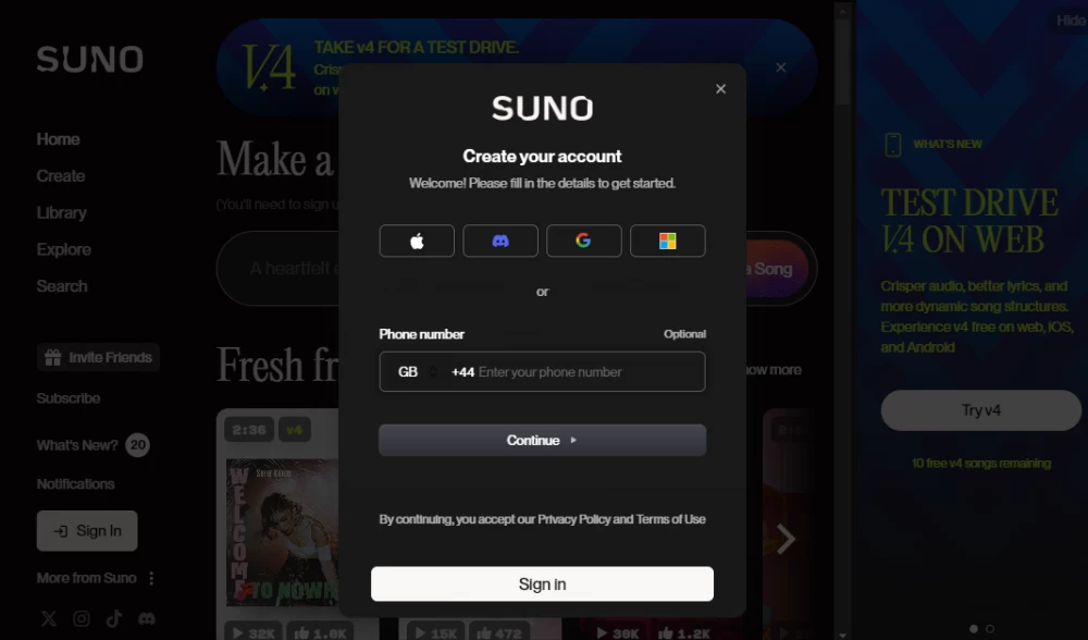 Registration and login screen in Suno