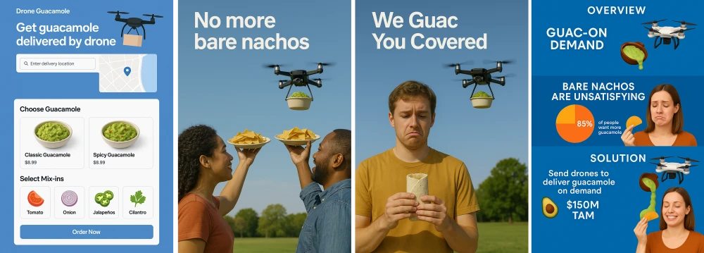 Drone-delivered guacamole startup concept: website mockup, ad, and presentation