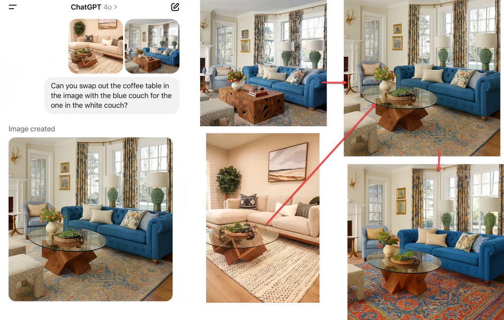 Replacing furniture and enhancing the rug in interior photos