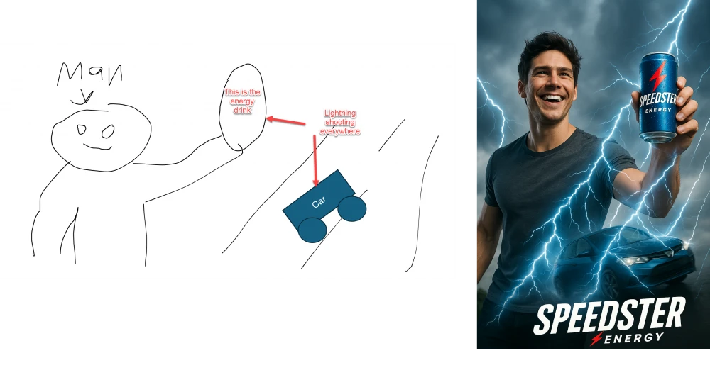 Turning a hand-drawn sketch into an energy drink advertisement