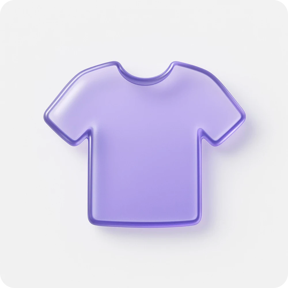 Perplexity, prompt – glassmorphism style: 3D t-shirt icon in purple on a white background. The icon should look like glass, add highlights and volume