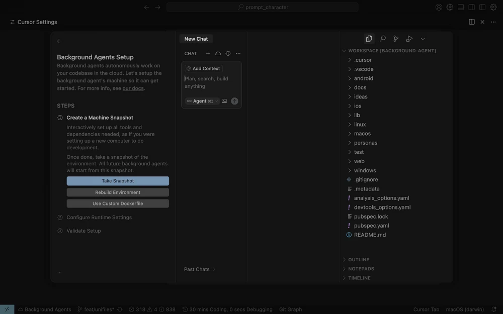 Cursor customization and background agent integration in Flutter app development.