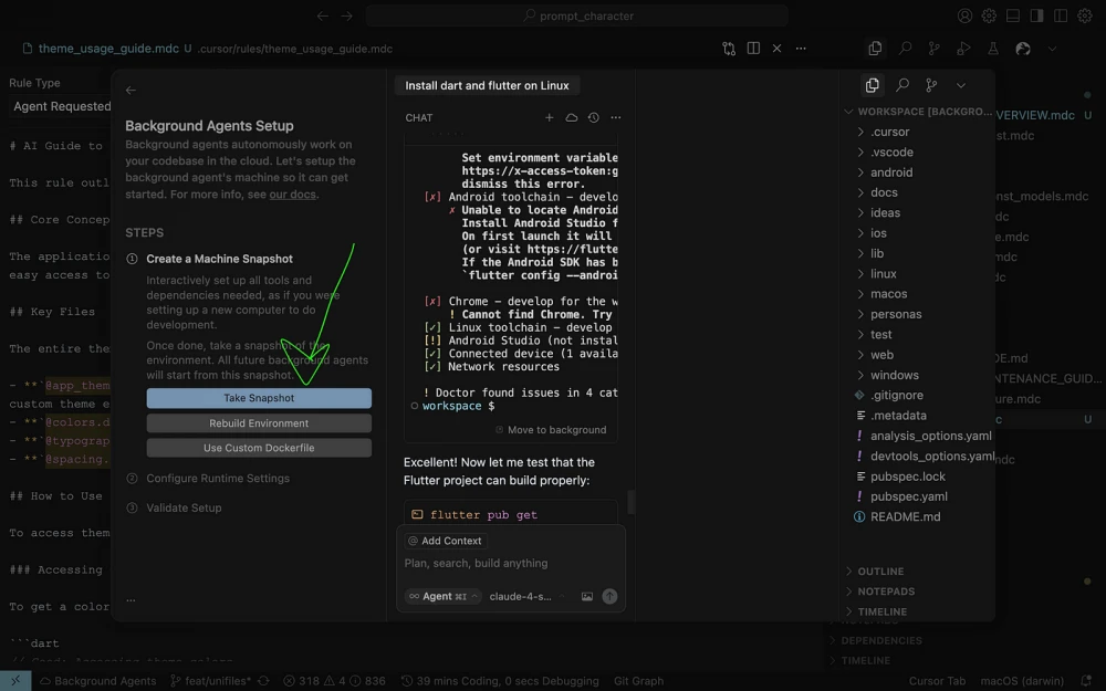 Flutter UI with advanced settings for cursor interaction in background mode.