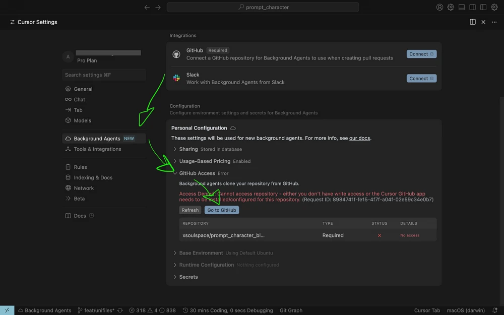 Custom Flutter design showing a cursor interacting with background agent settings.