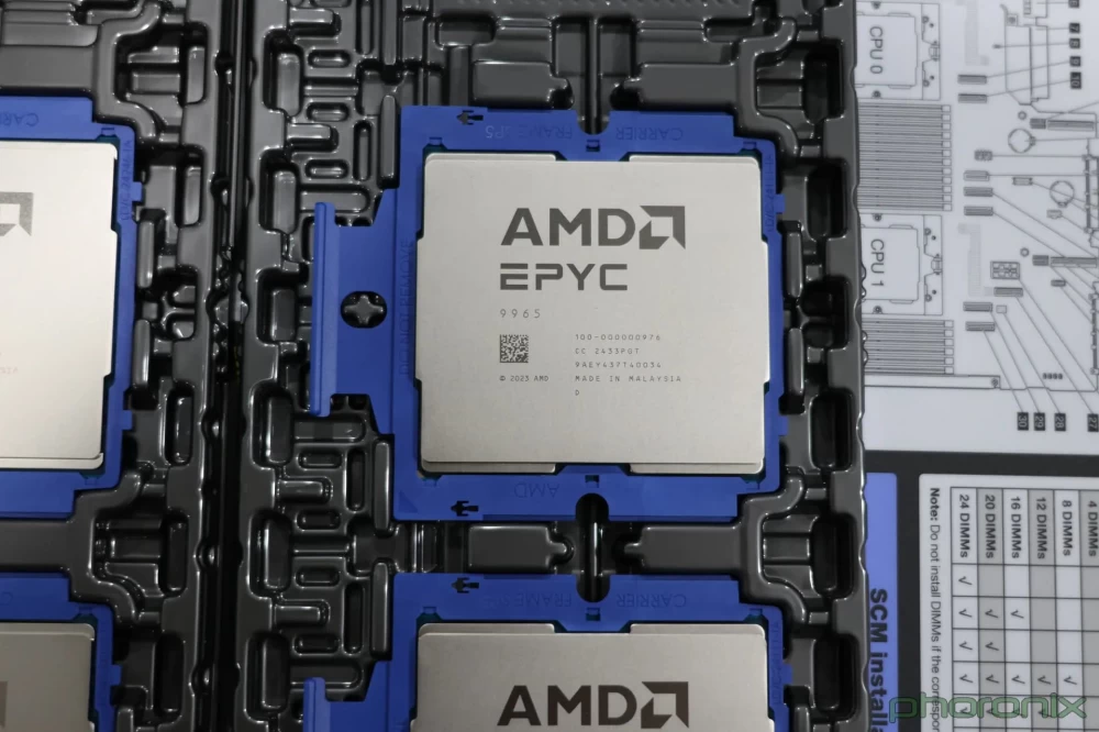 Appearance of EPYC 9965 processors with 192 physical cores and 384 threads.