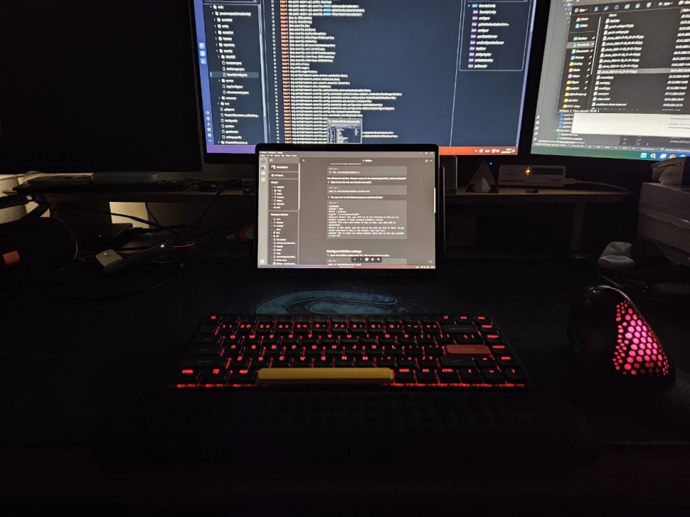 Windows tablet connected to an external monitor for extended workspace.
