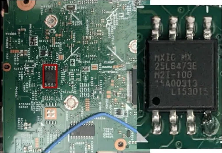 Laptop board and BIOS chip under a microscope