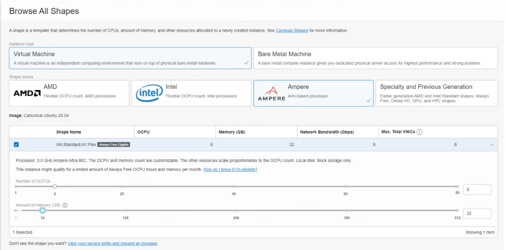VM configuration interface based on Oracle OCI Ampere
