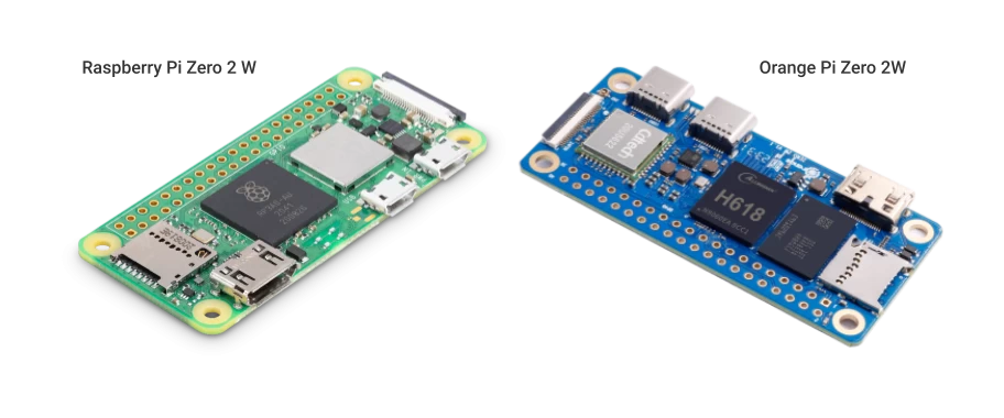 Externally, the Raspberry Pi Zero 2 W and Orange Pi Zero 2W are very similar.Interestingly, the raspberry is not raspberry-colored, and the orange is not orange-colored.