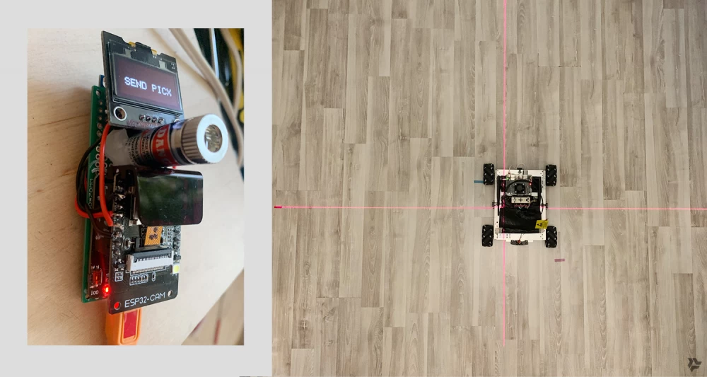 ESP32-CAM camera and image transmitted by the camera, view from the ceiling