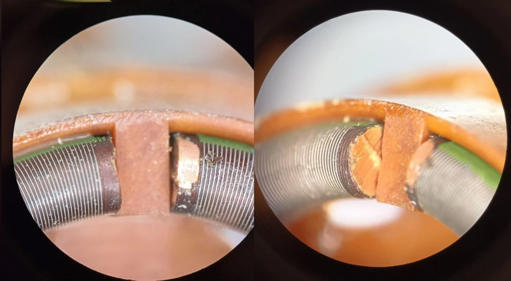 
Resistor with a metal case and color coding.
