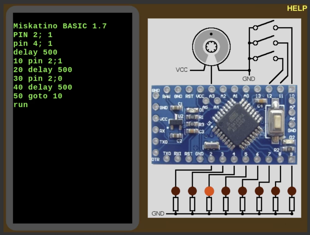 
Interactive BASIC programming interface for Arduino and STM32 microcontrollers, displaying code and connected devices.
