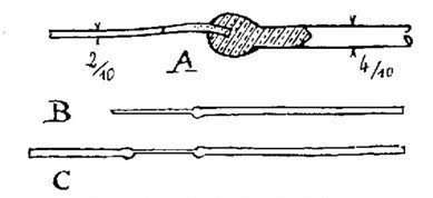 Fig. 1.3. Cross-section (grind) of such a connection (A); B — first part of the work; C — completed three-jointed, copper-platinum-copper, lamp lead