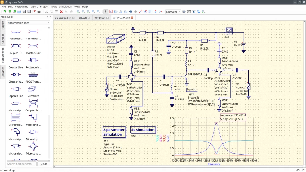 
Microwave amplifier simulation with equations