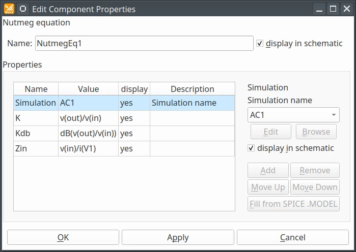 
Nutmeg Equation component properties dialog