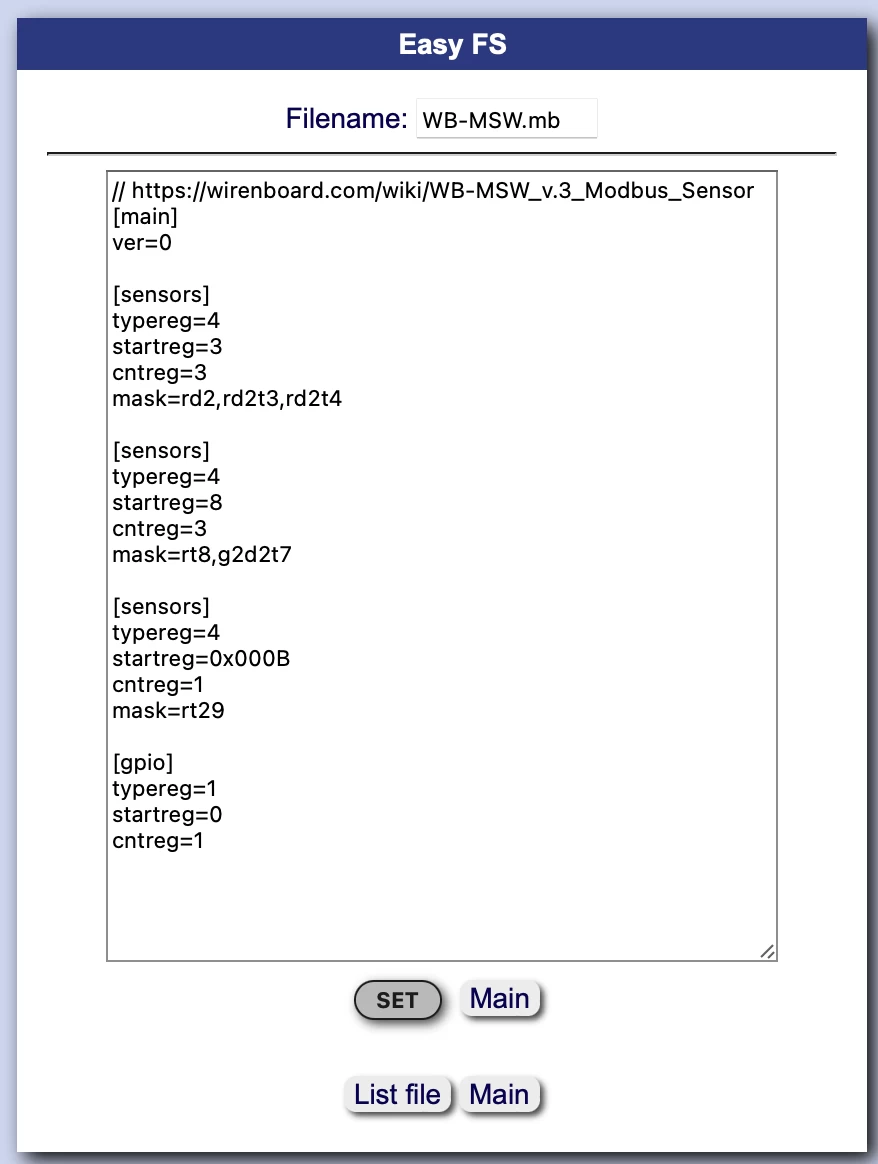 Template file editor in the controller firmware, in this case for the WB-MSW sensor