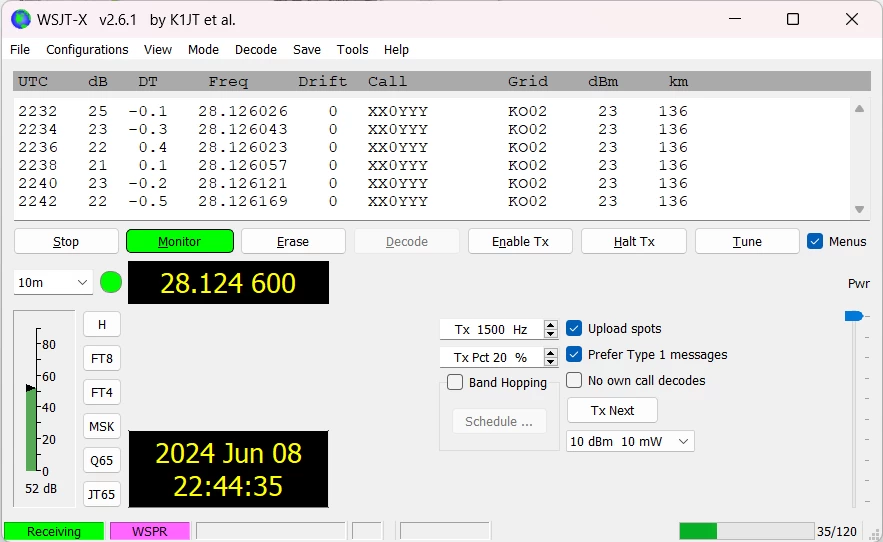 Decoding WSPR packets using the WSJT-T application