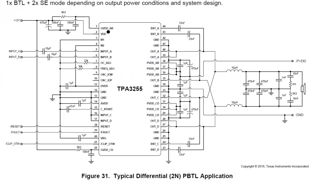 
Wiring diagram of the Class D amplifier on TPA3255
