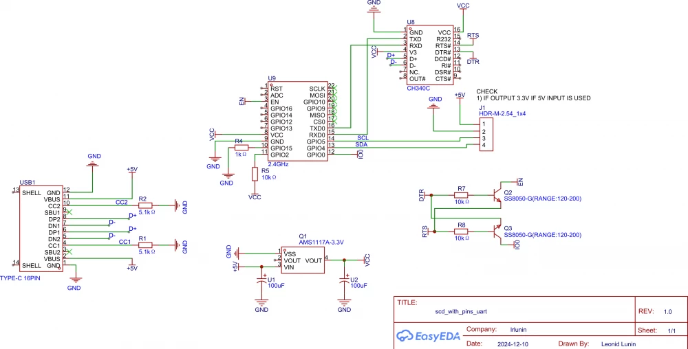 Logical connection diagram of the sensor and controller. Pull-up resistors for the I2C bus are located directly on the SCD30, so they are not present in this diagram.