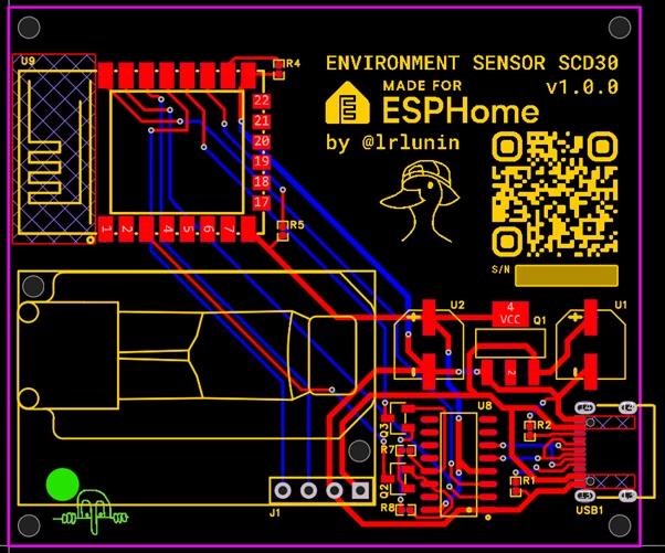 Red - top layer, blue - bottom, yellow - silk screen, green circle - temperature sensor on the SCD30 board.
