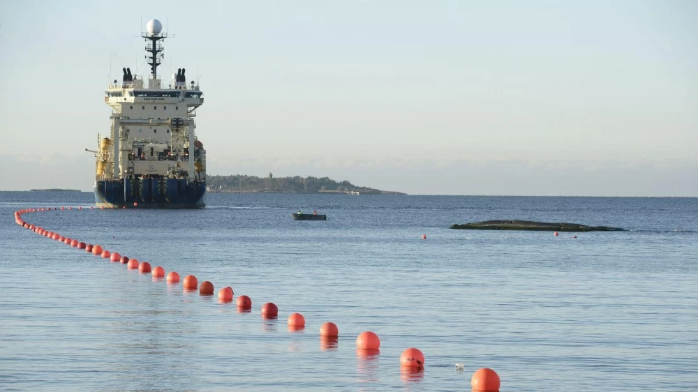 The C-Lion1 submarine telecommunications cable is being laid on the bottom of the Baltic Sea by the cable laying vessel Ile de Brehat off the coast of Helsinki.