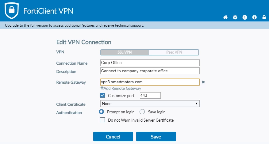 
Example of FortiClient VPN window content