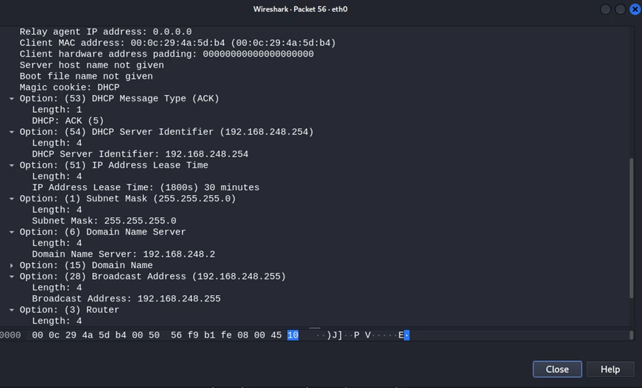 Detection of DHCP spoofing in Wireshark based on packet analysis