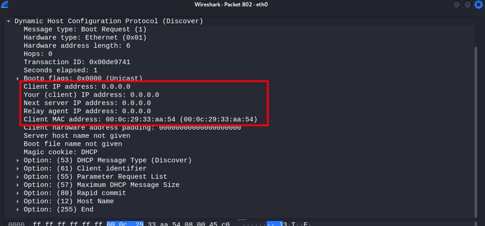Graphical representation of an attack on a DHCP server in Wireshark