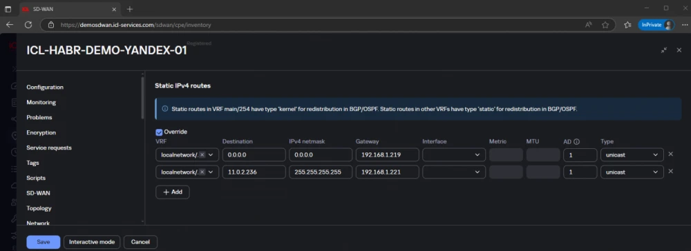   
SD-WAN topology with different zones and identical IP subnets  
