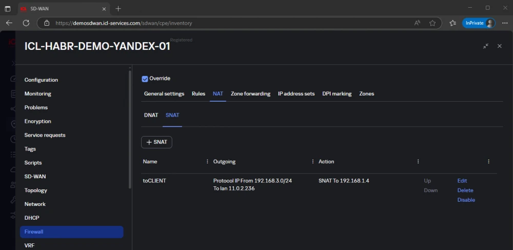   
SD-WAN architecture with network overlay and identical addresses  
