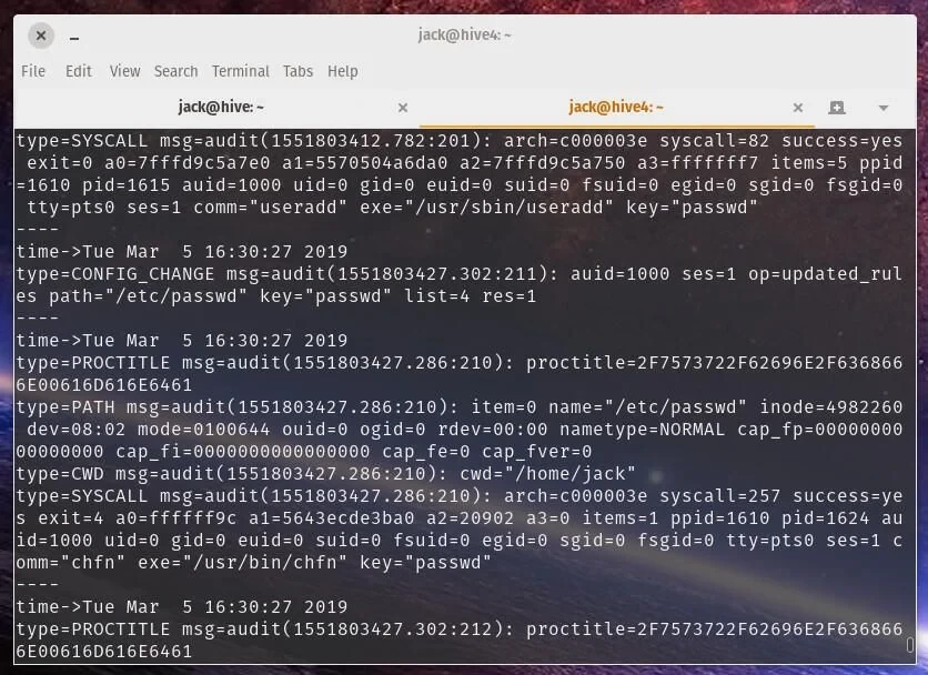 
What is recorded in auditd when a user is added and changes are made to passwd 