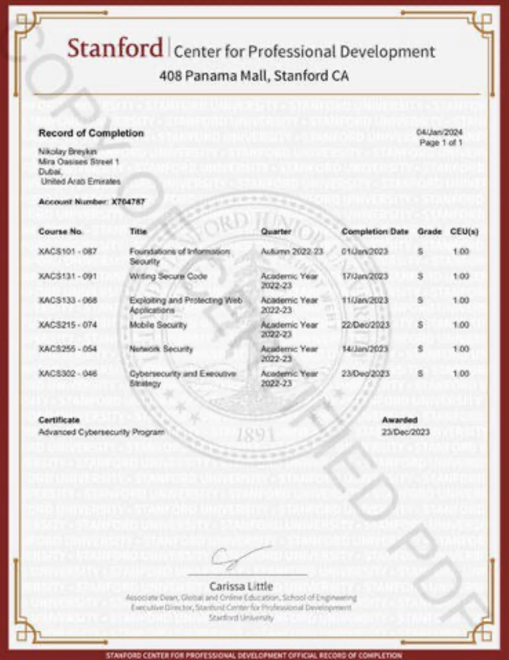 General Record of Completion