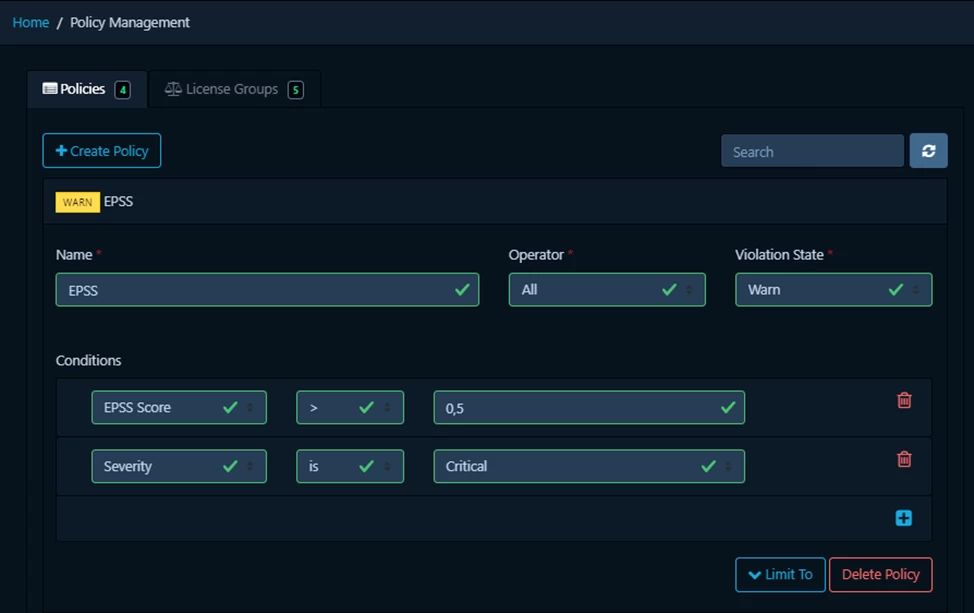 Example of a policy with configured EPSS and critical vulnerability